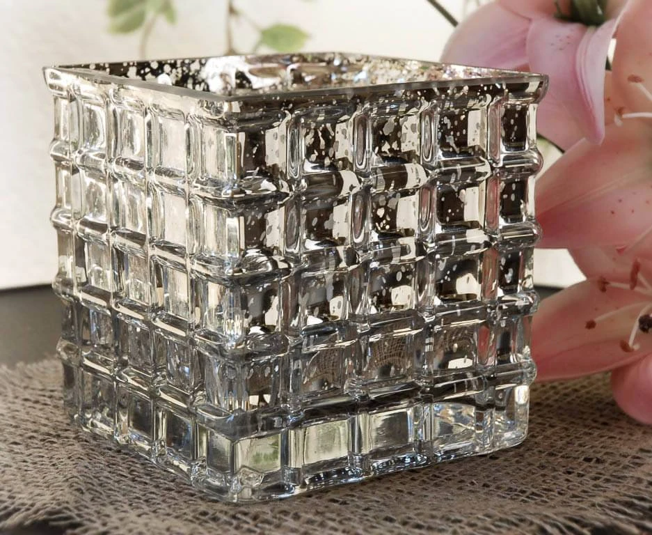 Silver Mercury Textured Glass Cube 4.75" - Square Vase & Candle Holder 2 Silver Mercury Textured Glass Cube 4.75" - Square Vase & Candle Holder - Image 2