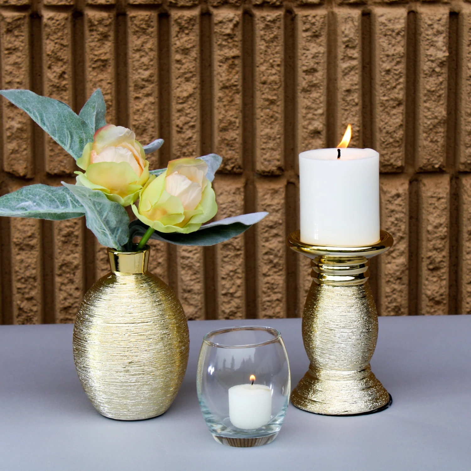 Richland Elegant Pillar Candle Holder 6" Gold Ceramic Set Of 4 3 Richland Elegant Pillar Candle Holder 6" Gold Ceramic Set Of 4 - Image 3