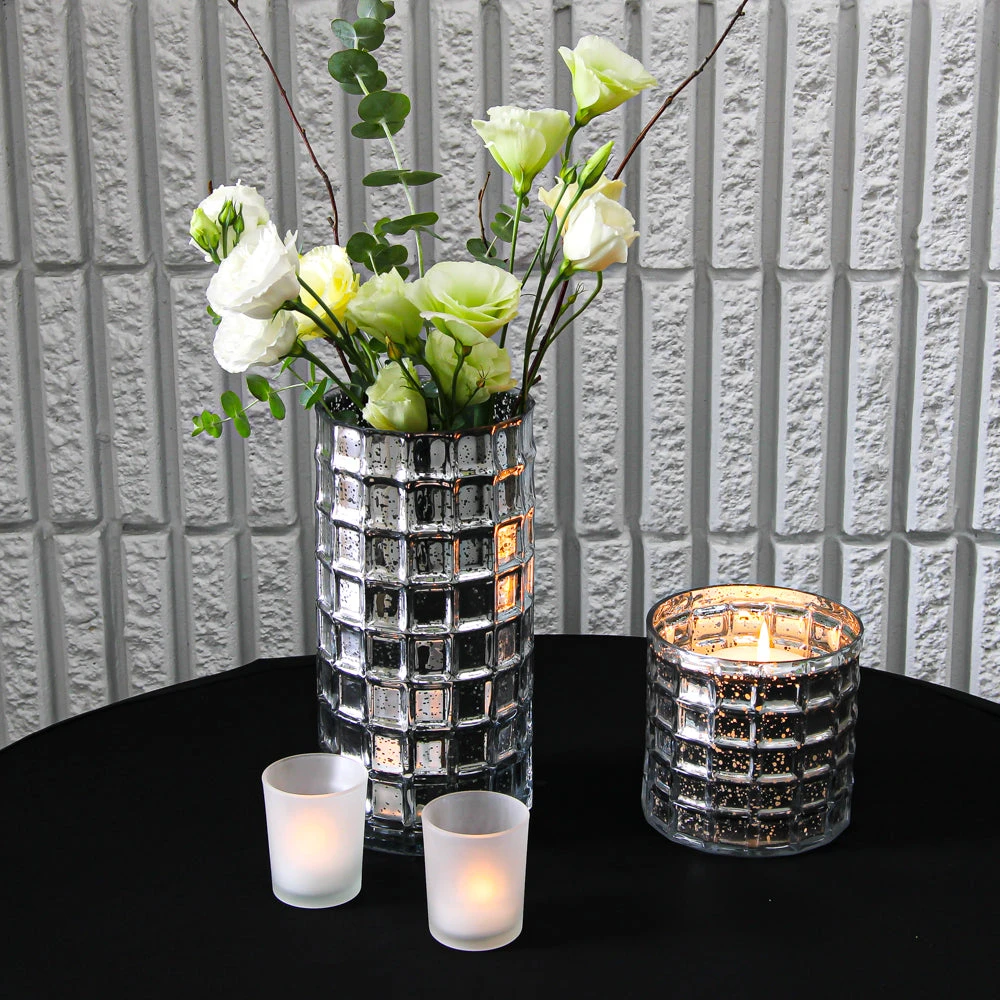 Silver Mercury Glass Cylinder 10" - Vase & Candle Holder 2 Silver Mercury Glass Cylinder 10" - Vase & Candle Holder - Image 2