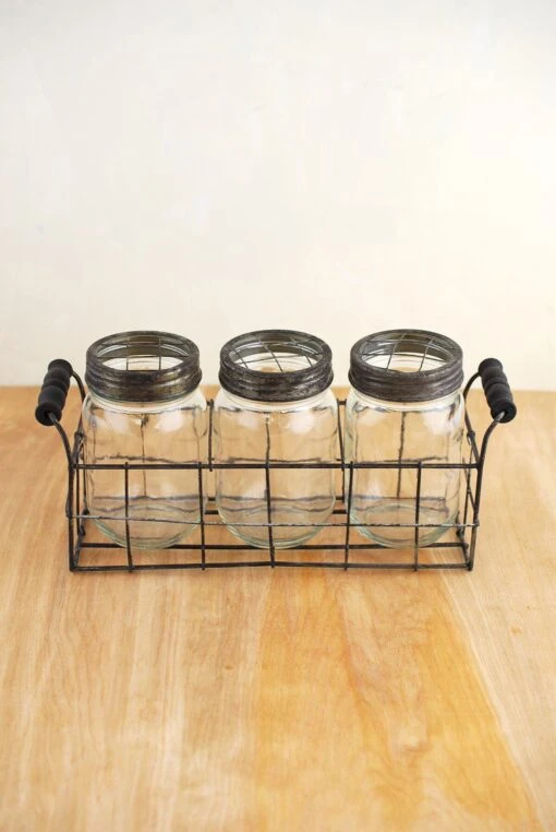 Wire Basket With 3 Glass Mason Jars With Frog Lids