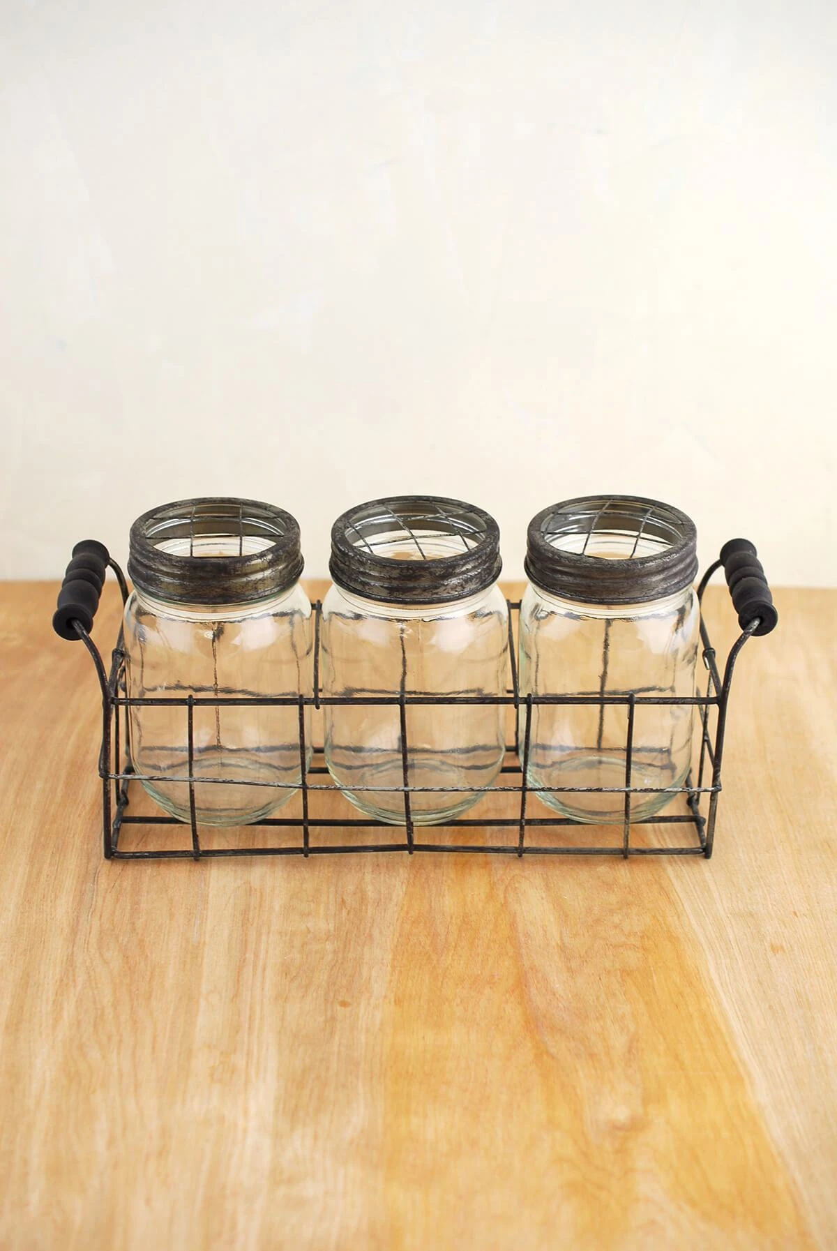 Wire Basket With 3 Glass Mason Jars With Frog Lids 1 Wire Basket With 3 Glass Mason Jars With Frog Lids